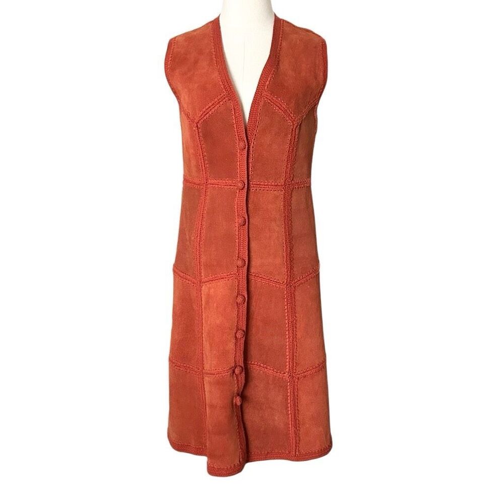 Vintage 70s Ms. Today Suede Leather Crochet Button Front Dress Rust Size M/14 - Picture 1 of 9